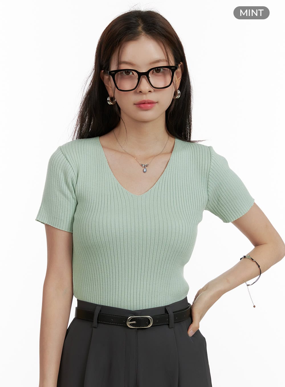 Summer V-Neck Ribbed Knit Top OU411