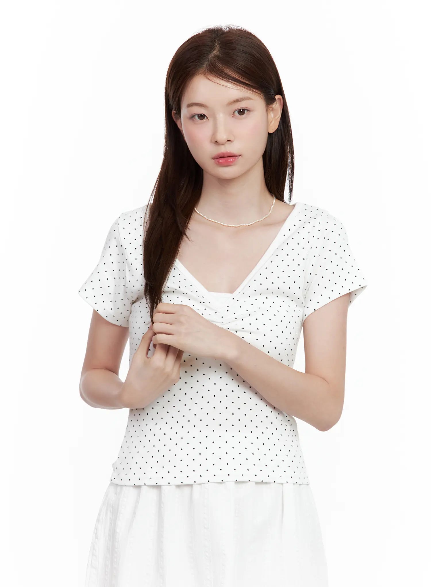 Polka Dot Shirred V-Neck Top CL502