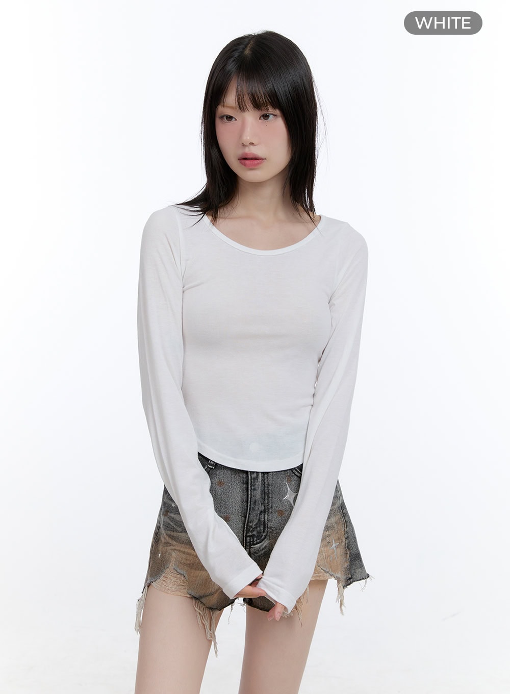 Boat Neck Solid Long Sleeve Crop Top CG413