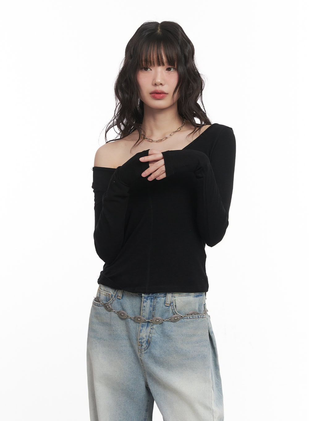 Wool-Blend One-Shoulder Long Sleeve Top CM520