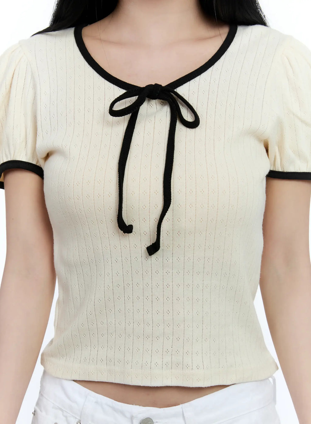Puff-Sleeve Ribbon-Tie Top CL530