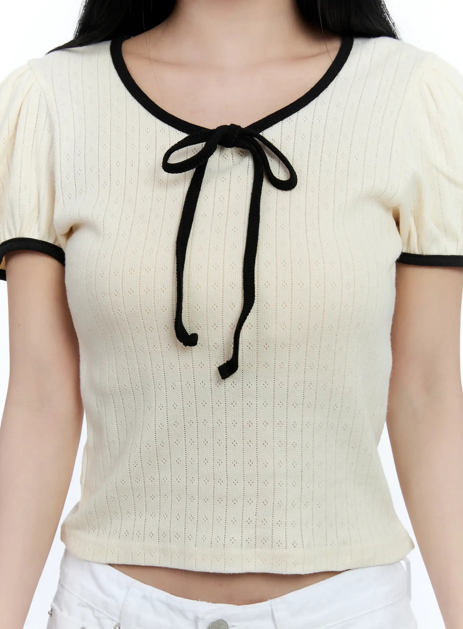Puff-Sleeve Ribbon-Tie Top CL530