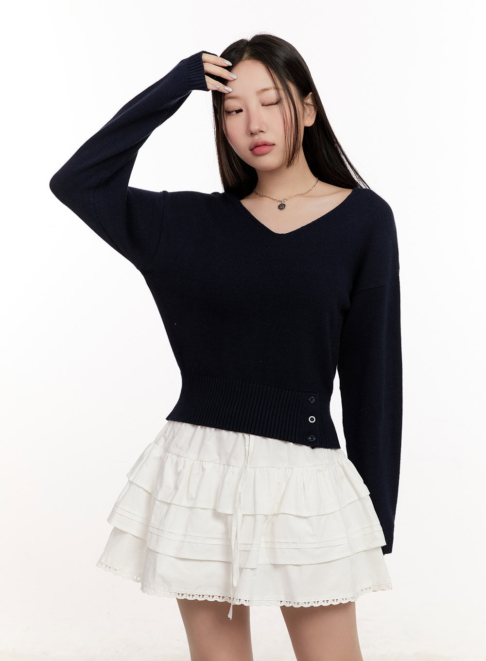 Buttoned V-Neck Crop Sweater CM510