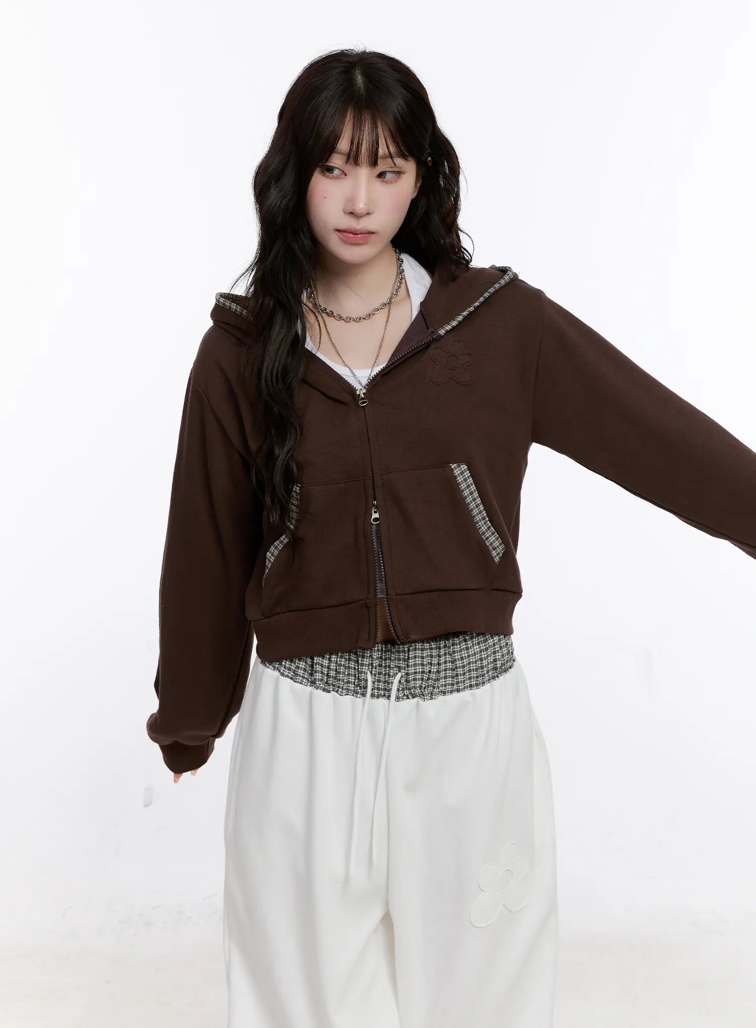 Plaid Trim Crop Zip-Up Hoodie CS530