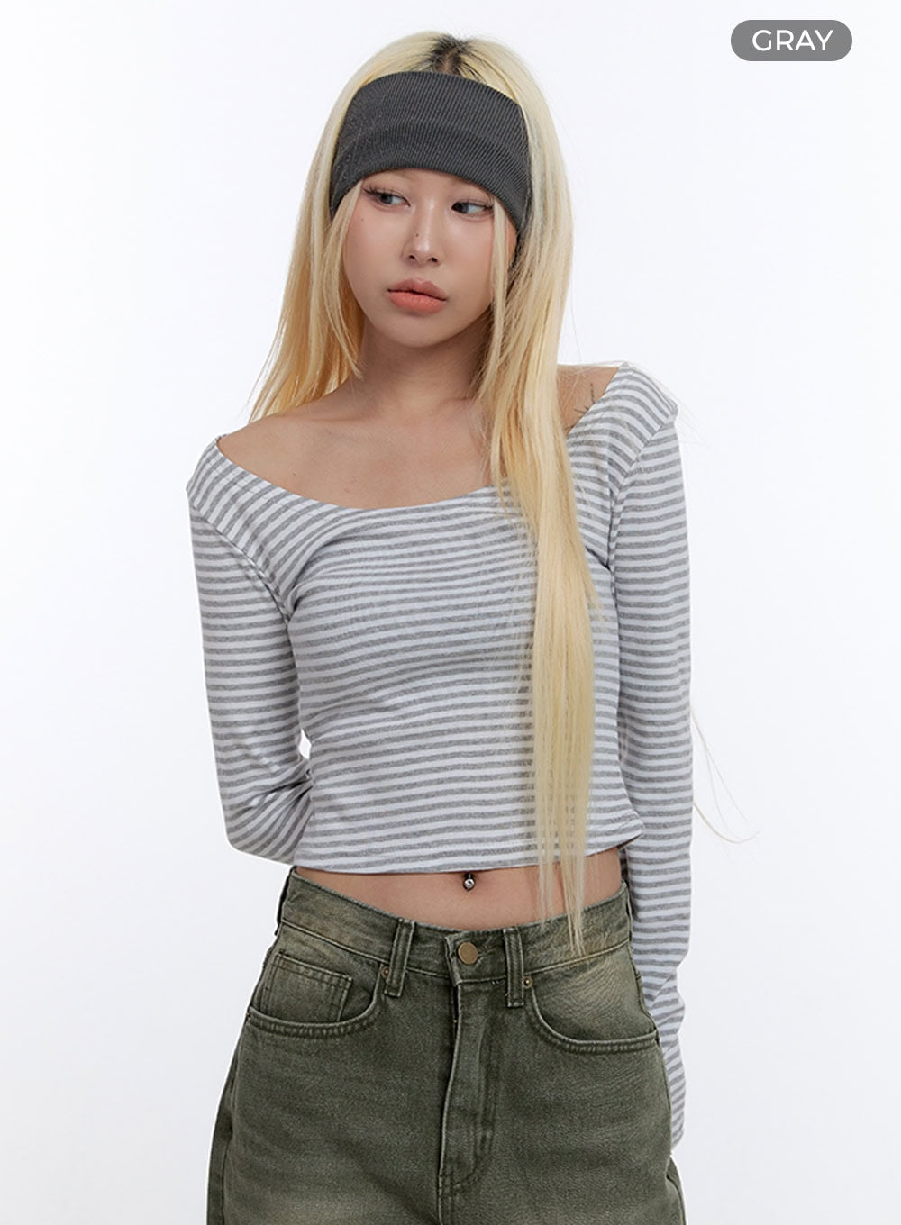 U Neck Stripe Crop Long Sleeve Top CO419