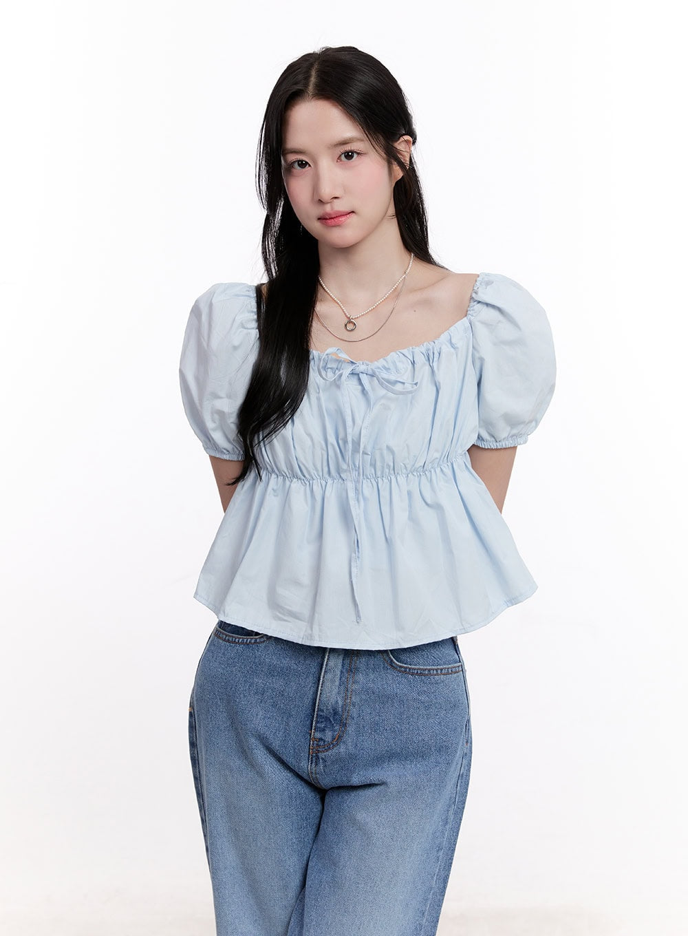 Ribbon Puff Sleeve Square Neck Top CM526
