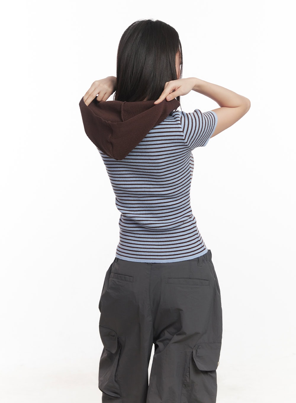 Stripe Buttoned Hooded Top CA511