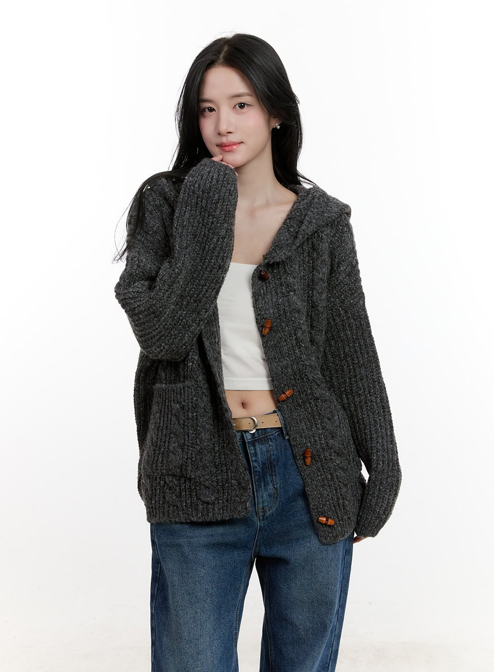 Oversized Cable Knit Hooded Cardigan CF527
