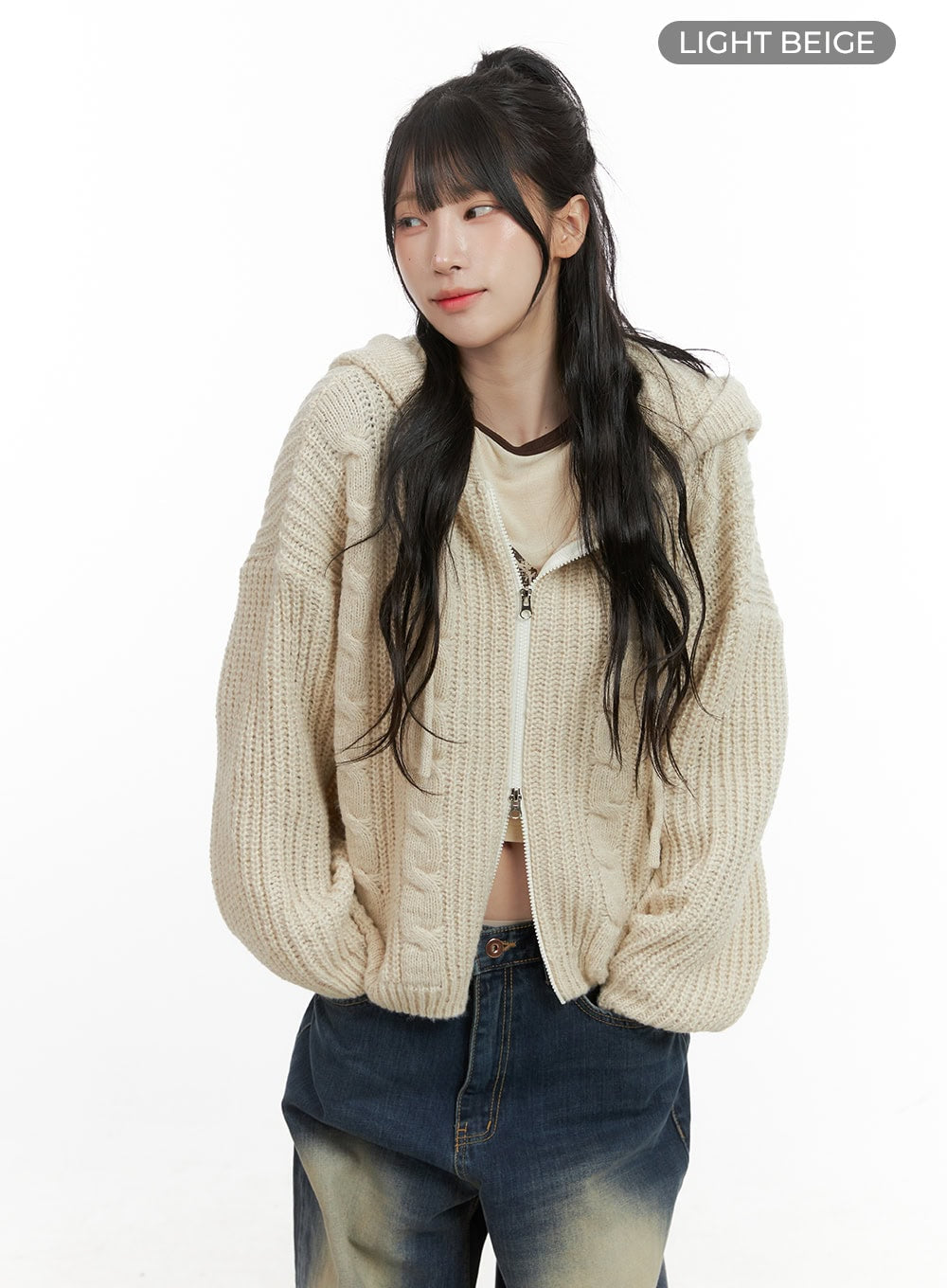 Oversized Cable Knit Zip-Up Hooded Sweater CG421