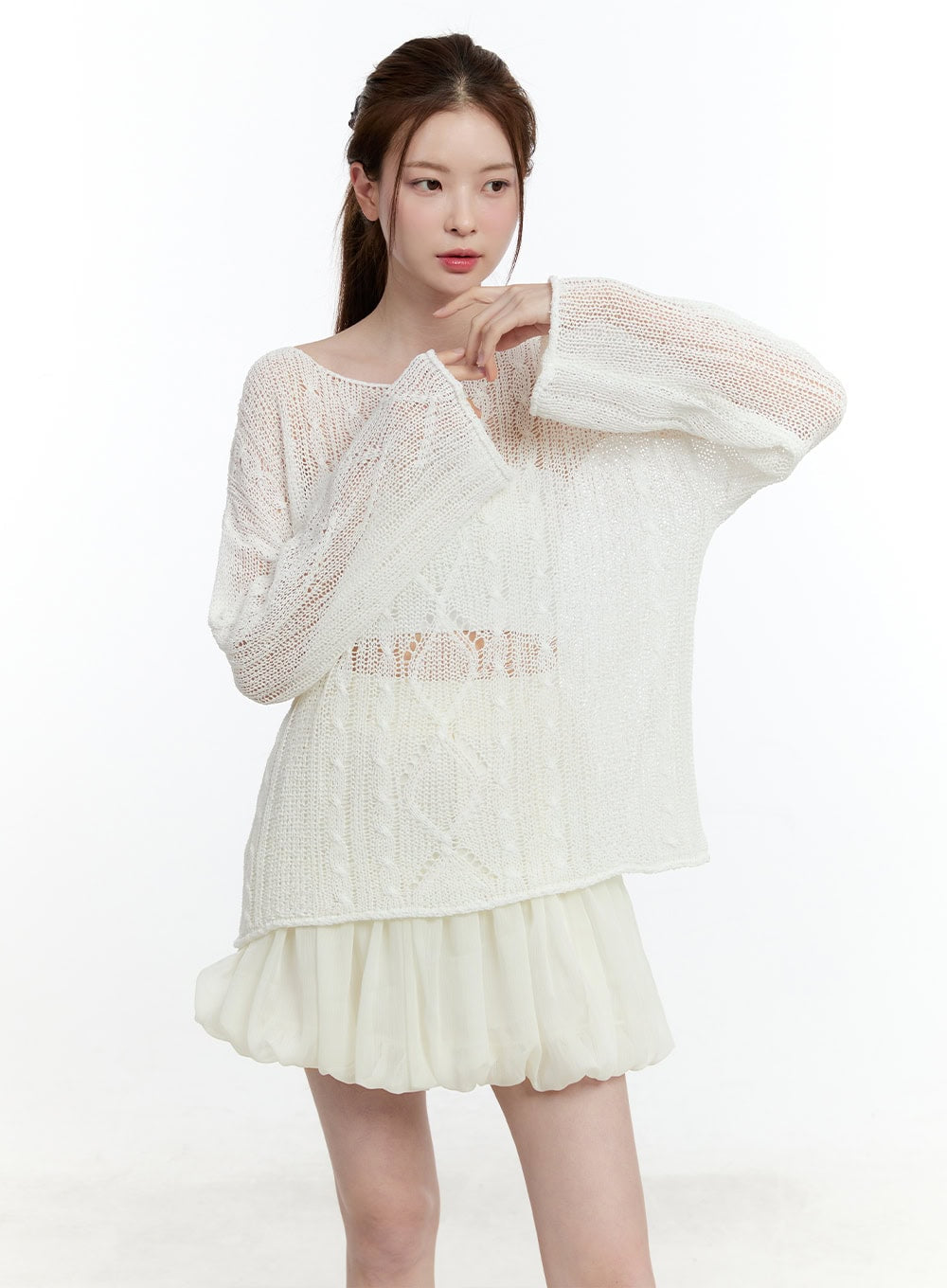 Cable Knit Sheer Loose-Fit Sweater CM521