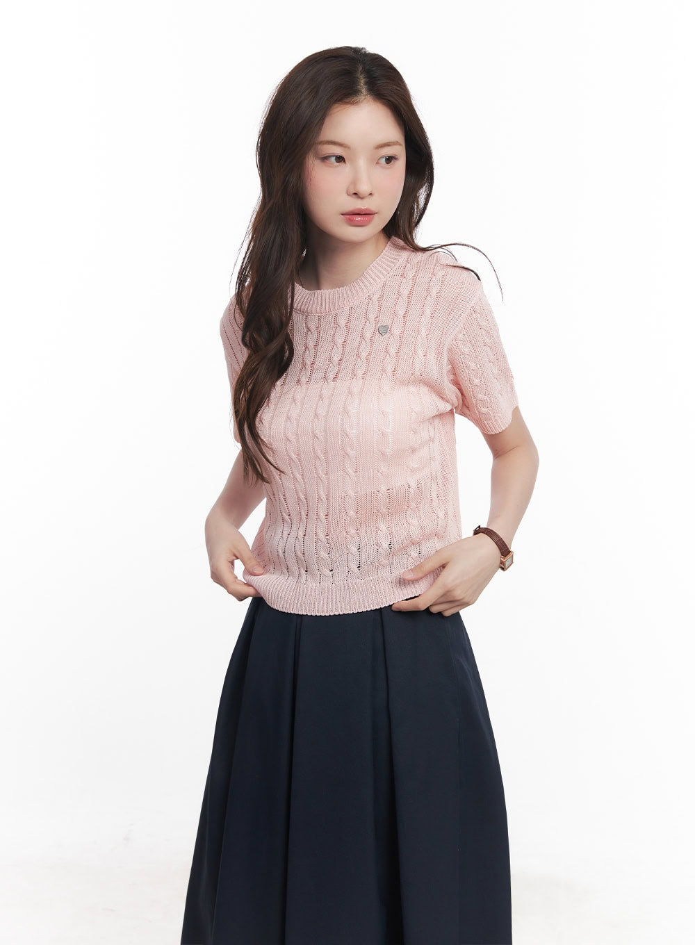 Cable-Knit Short-Sleeve Sweater CY515