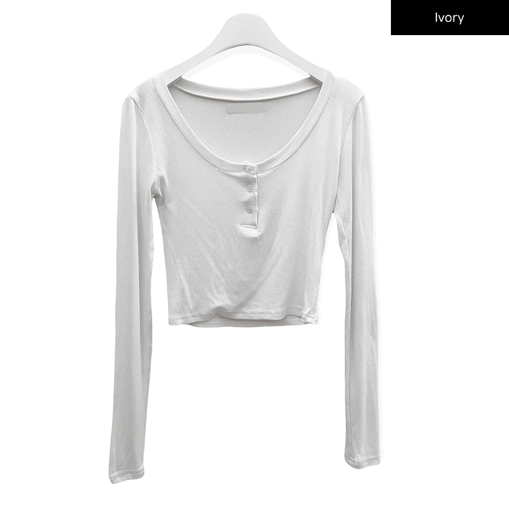 Scoop Neck Long Sleeve T Shirt with Front Buttons CM2