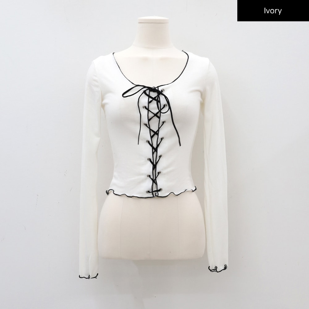 Cropped Long Sleeve Top with Front Lace Detail C1703