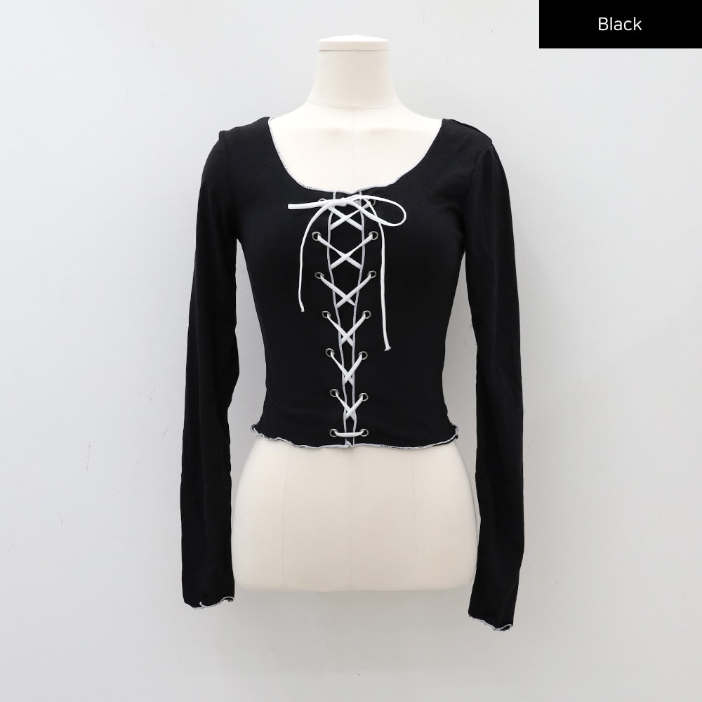 Cropped Long Sleeve Top with Front Lace Detail C1703