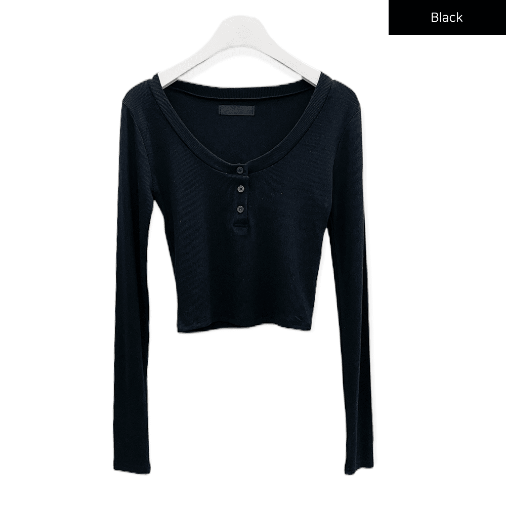 Scoop Neck Long Sleeve T Shirt with Front Buttons CM2