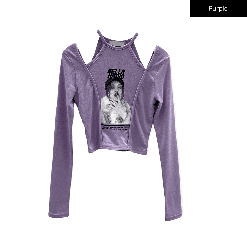 Cut Out Halter neck Long Sleeve T Shirt