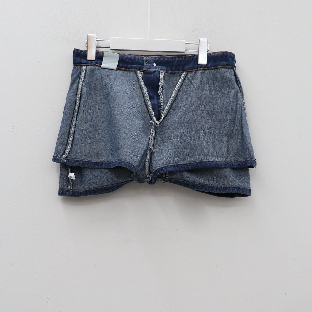Low-Rise Bleached Denim Skorts and Belt Set CM02