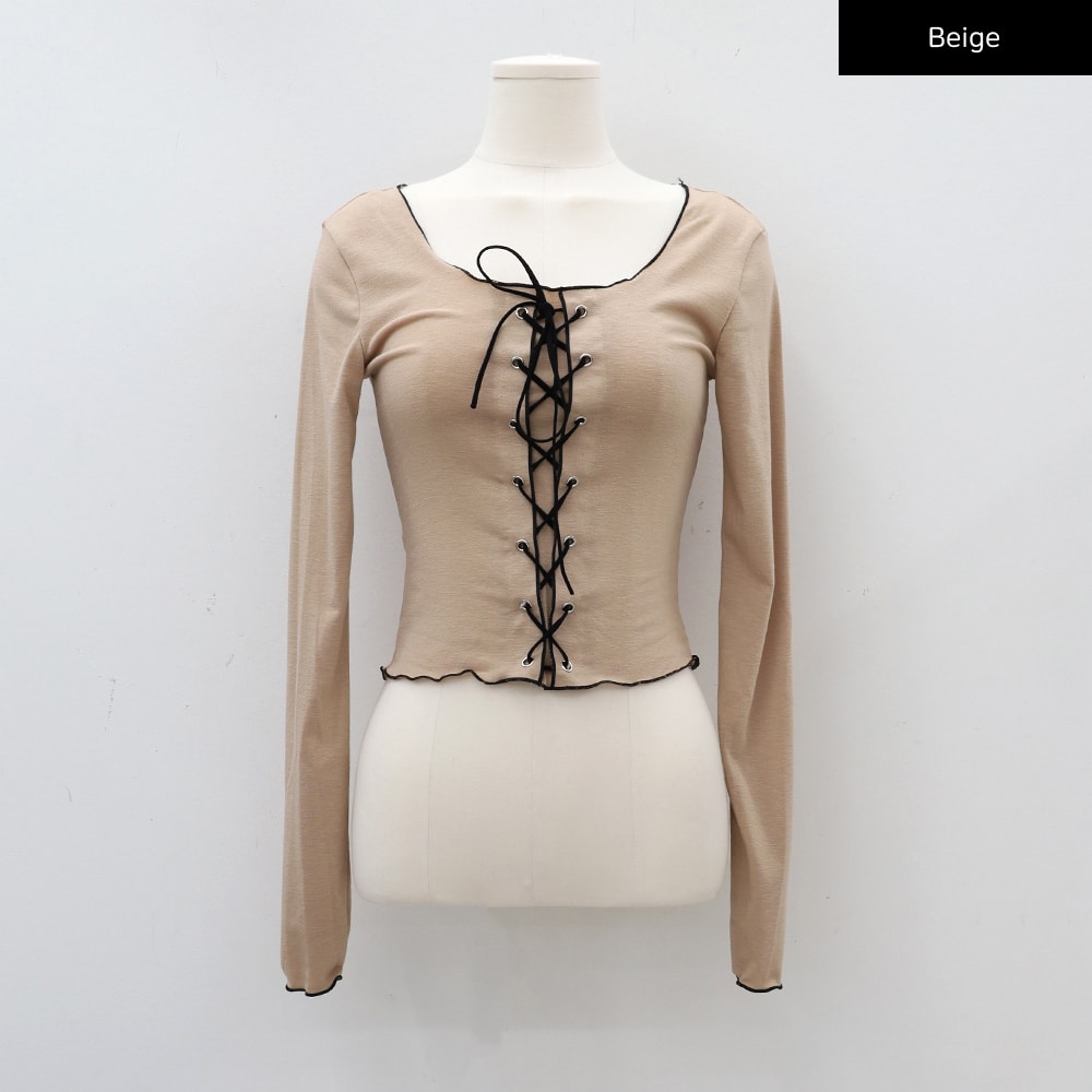 Cropped Long Sleeve Top with Front Lace Detail C1703