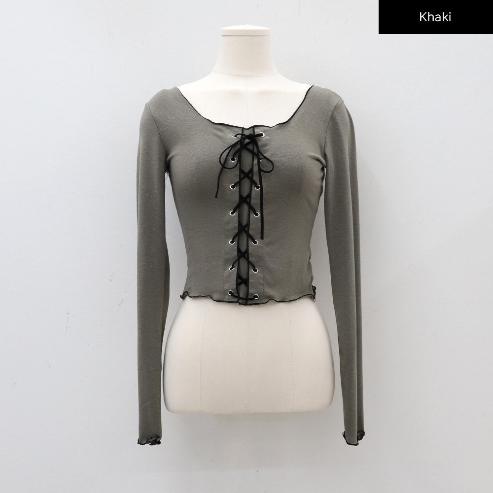 Cropped Long Sleeve Top with Front Lace Detail C1703