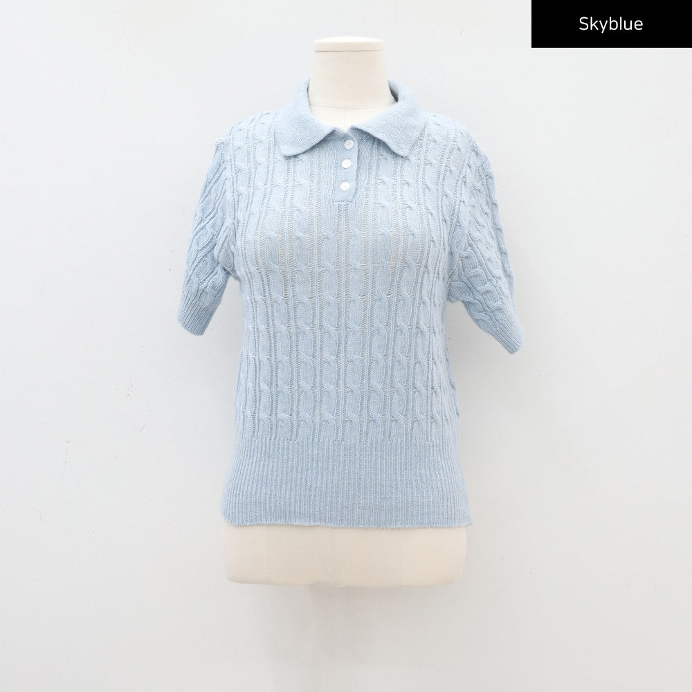 Cable Knit Collared Short-sleeve Sweater CA01