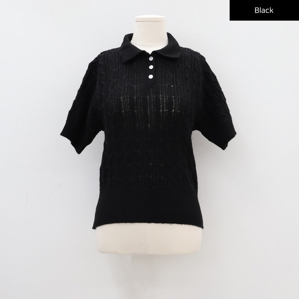 Cable Knit Collared Short-sleeve Sweater CA01